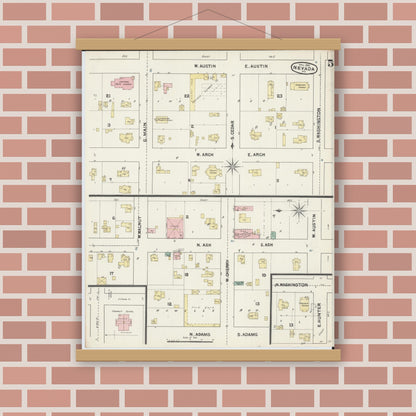 Old map wall art mockup — magnetic wood frame on brick wall — Sanborn Fire Insurance Map from Nevada, Vernon County, Missouri (1890), Sheet #0005