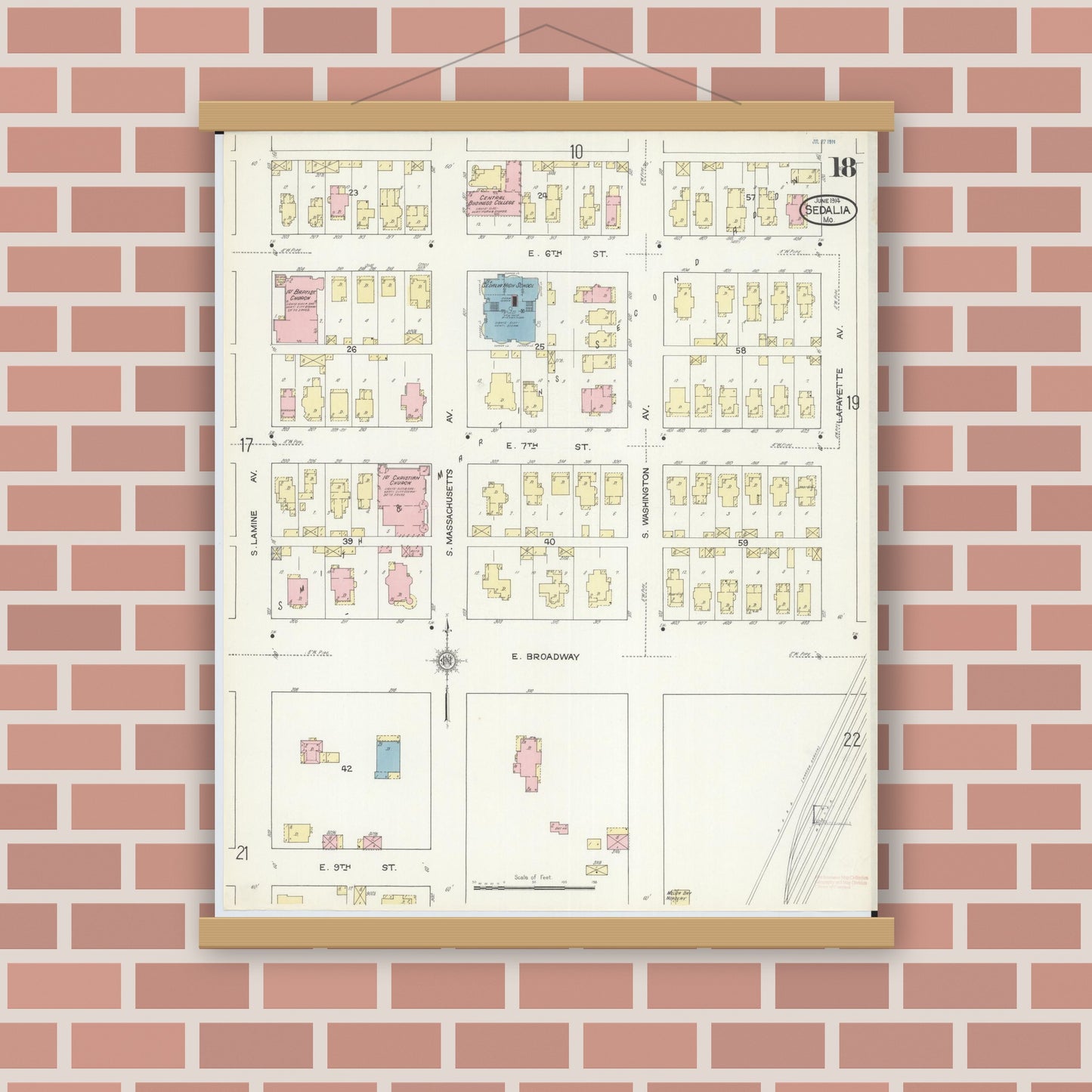 Old map wall art mockup — magnetic wood frame on brick wall — Sanborn Fire Insurance Map from Sedalia, Pettis County, Missouri (1914), Sheet #0018