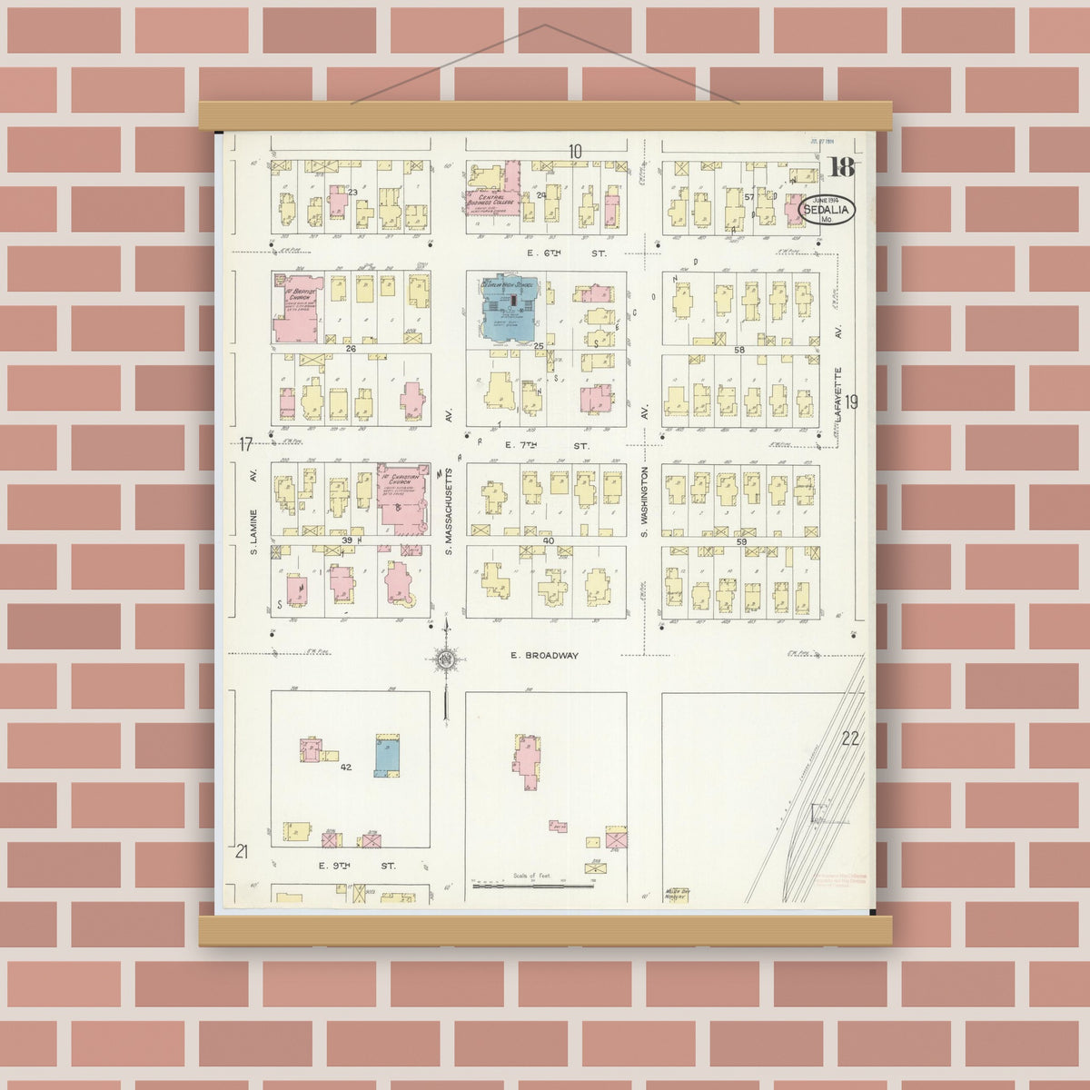 Old map wall art mockup — magnetic wood frame on brick wall — Sanborn Fire Insurance Map from Sedalia, Pettis County, Missouri (1914), Sheet #0018