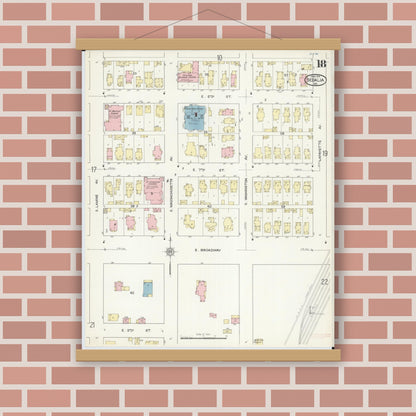 Old map wall art mockup — magnetic wood frame on brick wall — Sanborn Fire Insurance Map from Sedalia, Pettis County, Missouri (1914), Sheet #0018
