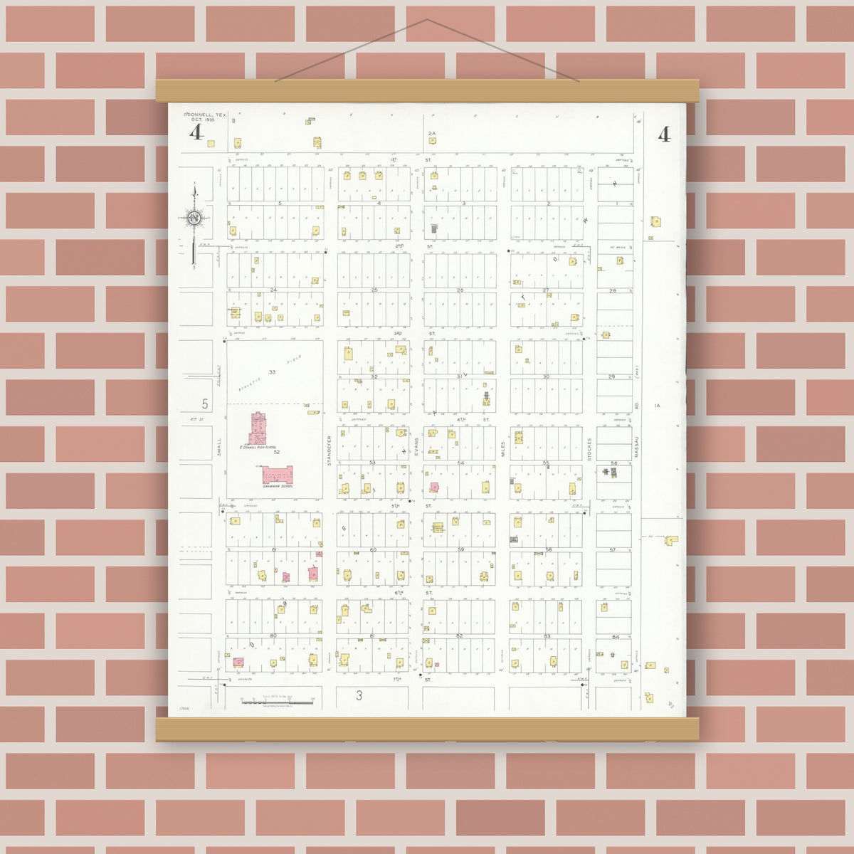 Old map wall art mockup — magnetic wood frame on brick wall — Sanborn Fire Insurance Map from O'Donnell, Lynn And Dawson Counties, Texas (1935), Sheet #0004