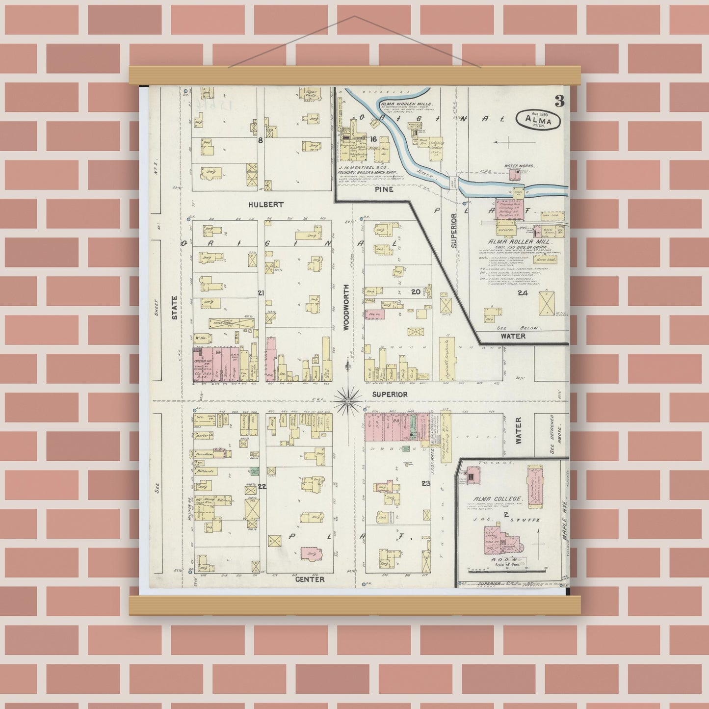 Old map wall art mockup — magnetic wood frame on brick wall — Sanborn Fire Insurance Map from Alma, Gratiot County, Michigan (1890), Sheet #0003