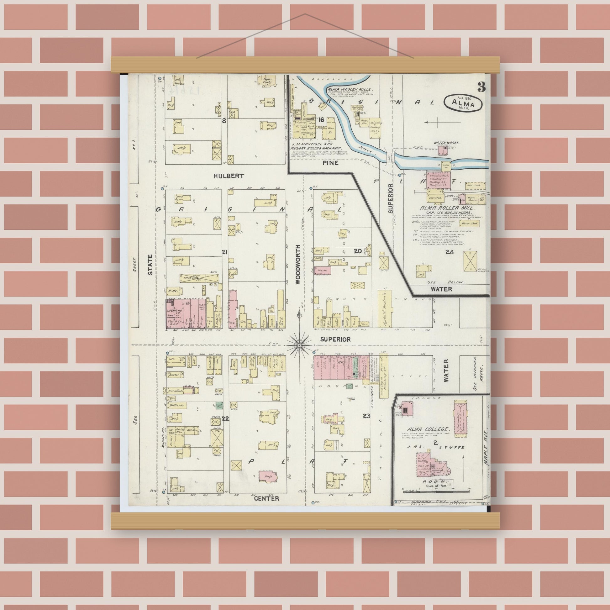 Old map wall art mockup — magnetic wood frame on brick wall — Sanborn Fire Insurance Map from Alma, Gratiot County, Michigan (1890), Sheet #0003