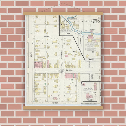 Old map wall art mockup — magnetic wood frame on brick wall — Sanborn Fire Insurance Map from Alma, Gratiot County, Michigan (1890), Sheet #0003