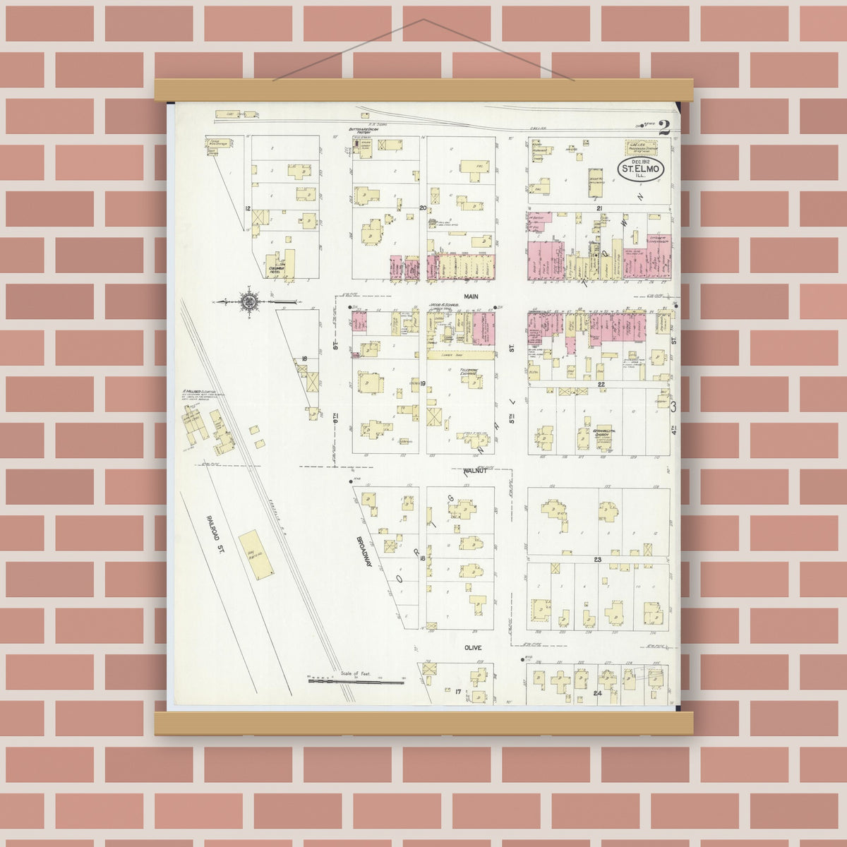 Old map wall art mockup — magnetic wood frame on brick wall — Sanborn Fire Insurance Map from Saint Elmo, Fayette County, Illinois (1912), Sheet #0002
