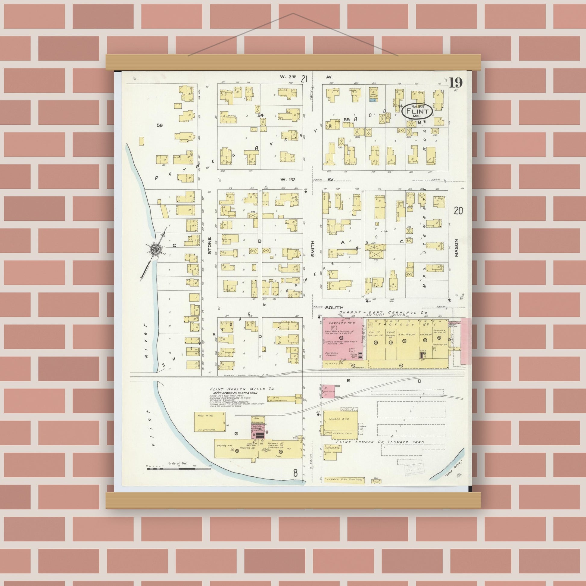 Old map wall art mockup — magnetic wood frame on brick wall — Sanborn Fire Insurance Map from Flint, Genesee County, Michigan (1909), Sheet #0019