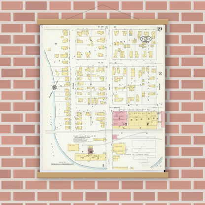 Old map wall art mockup — magnetic wood frame on brick wall — Sanborn Fire Insurance Map from Flint, Genesee County, Michigan (1909), Sheet #0019