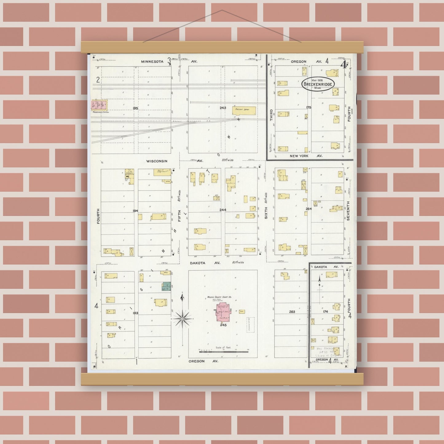 Old map wall art mockup — magnetic wood frame on brick wall — Sanborn Fire Insurance Map from Breckenridge, Wilkin County, Minnesota (1909), Sheet #0004