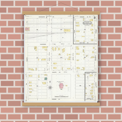 Old map wall art mockup — magnetic wood frame on brick wall — Sanborn Fire Insurance Map from Breckenridge, Wilkin County, Minnesota (1909), Sheet #0004