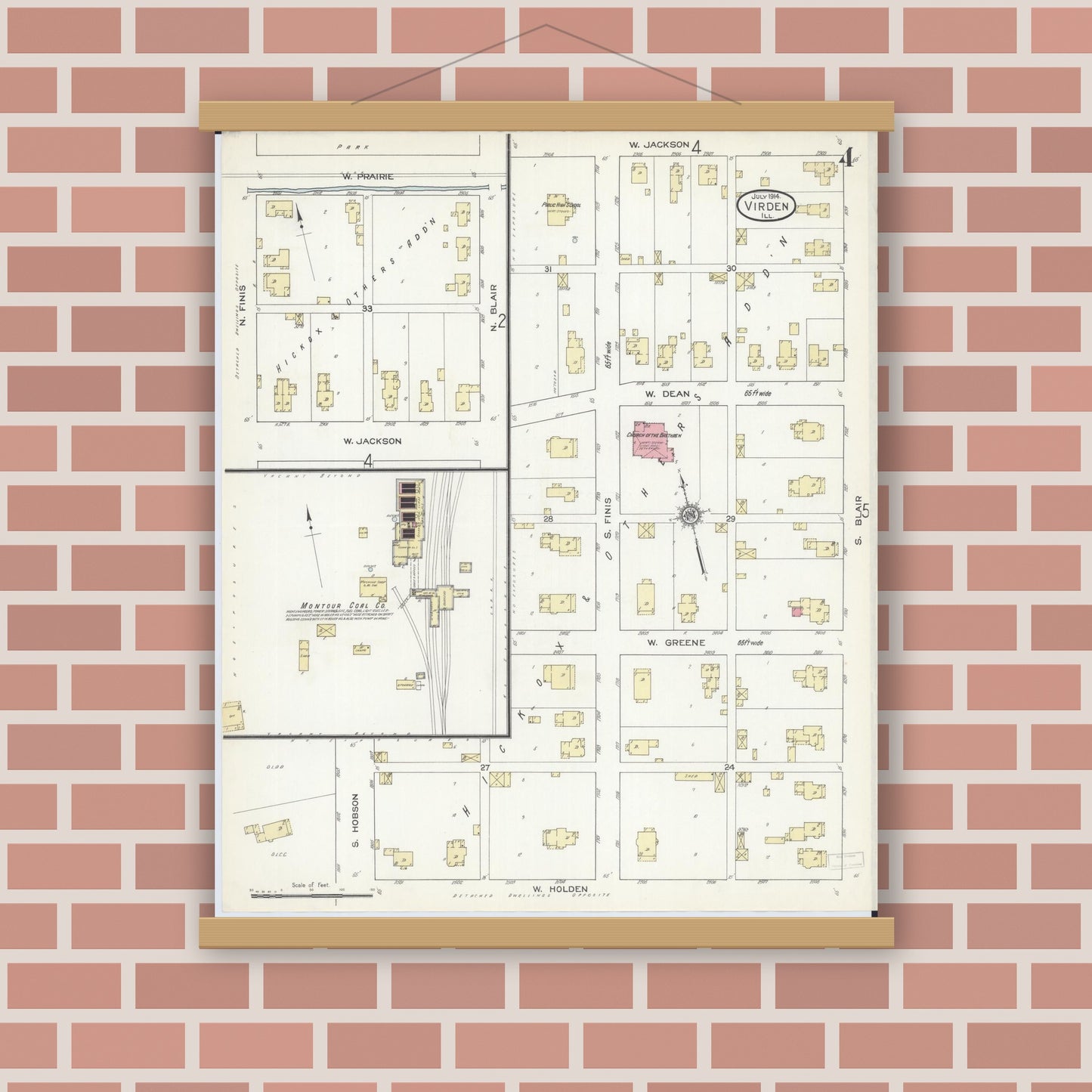 Old map wall art mockup — magnetic wood frame on brick wall — Sanborn Fire Insurance Map from Virden, Macoupin County, Illinois (1914), Sheet #0004