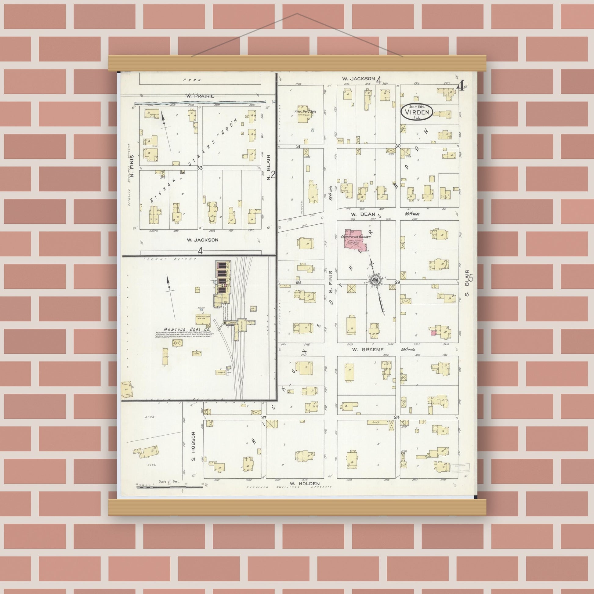 Old map wall art mockup — magnetic wood frame on brick wall — Sanborn Fire Insurance Map from Virden, Macoupin County, Illinois (1914), Sheet #0004