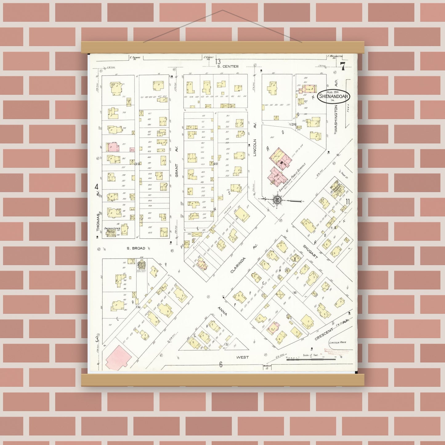 Old map wall art mockup — magnetic wood frame on brick wall — Sanborn Fire Insurance Map from Shenandoah, Page County, Iowa (1914), Sheet #0007