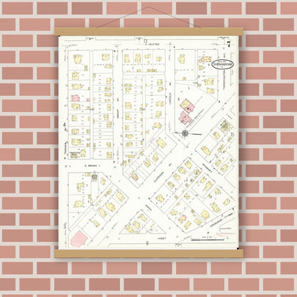 Old map wall art mockup — magnetic wood frame on brick wall — Sanborn Fire Insurance Map from Shenandoah, Page County, Iowa (1914), Sheet #0007