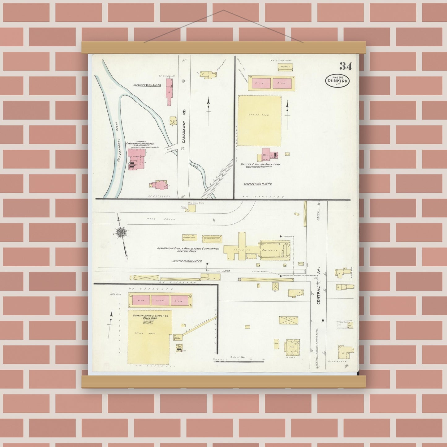 Old map wall art mockup — magnetic wood frame on brick wall — Sanborn Fire Insurance Map from Dunkirk, Chautauqua County, New York (1910), Sheet #0034