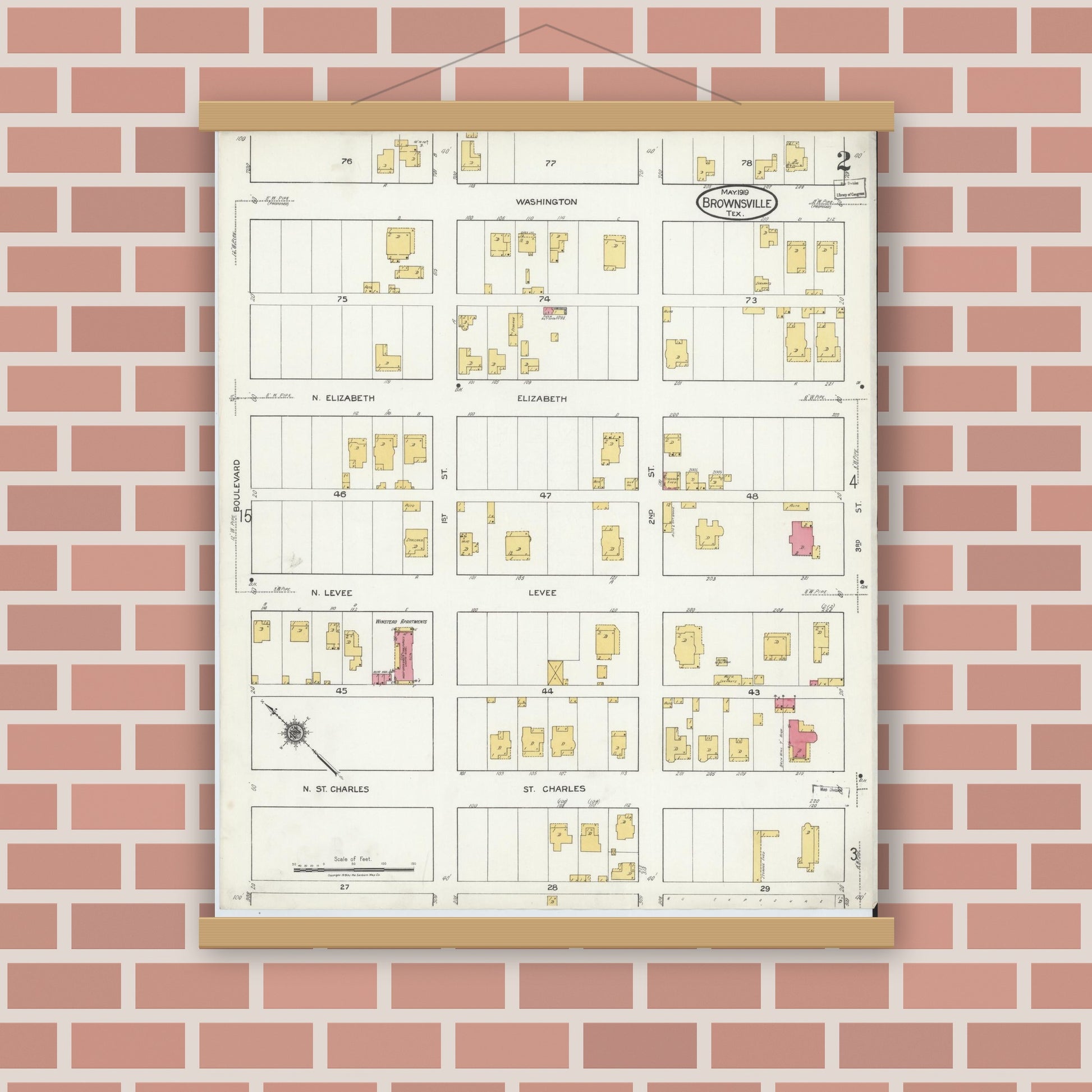Old map wall art mockup — magnetic wood frame on brick wall — Sanborn Fire Insurance Map from Brownsville, Cameron County, Texas (1919), Sheet #0002