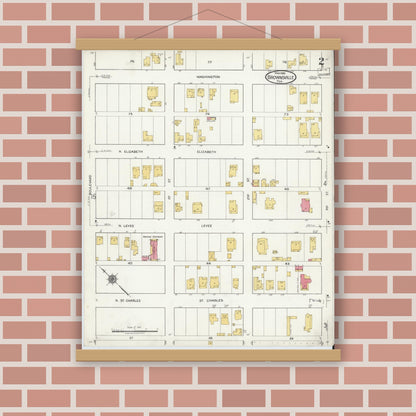 Old map wall art mockup — magnetic wood frame on brick wall — Sanborn Fire Insurance Map from Brownsville, Cameron County, Texas (1919), Sheet #0002