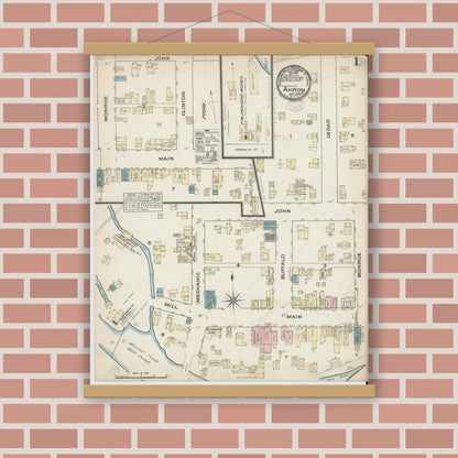 Old map wall art mockup — magnetic wood frame on brick wall — Sanborn Fire Insurance Map from Akron, Erie County, New York (1884) - Complete Map Set