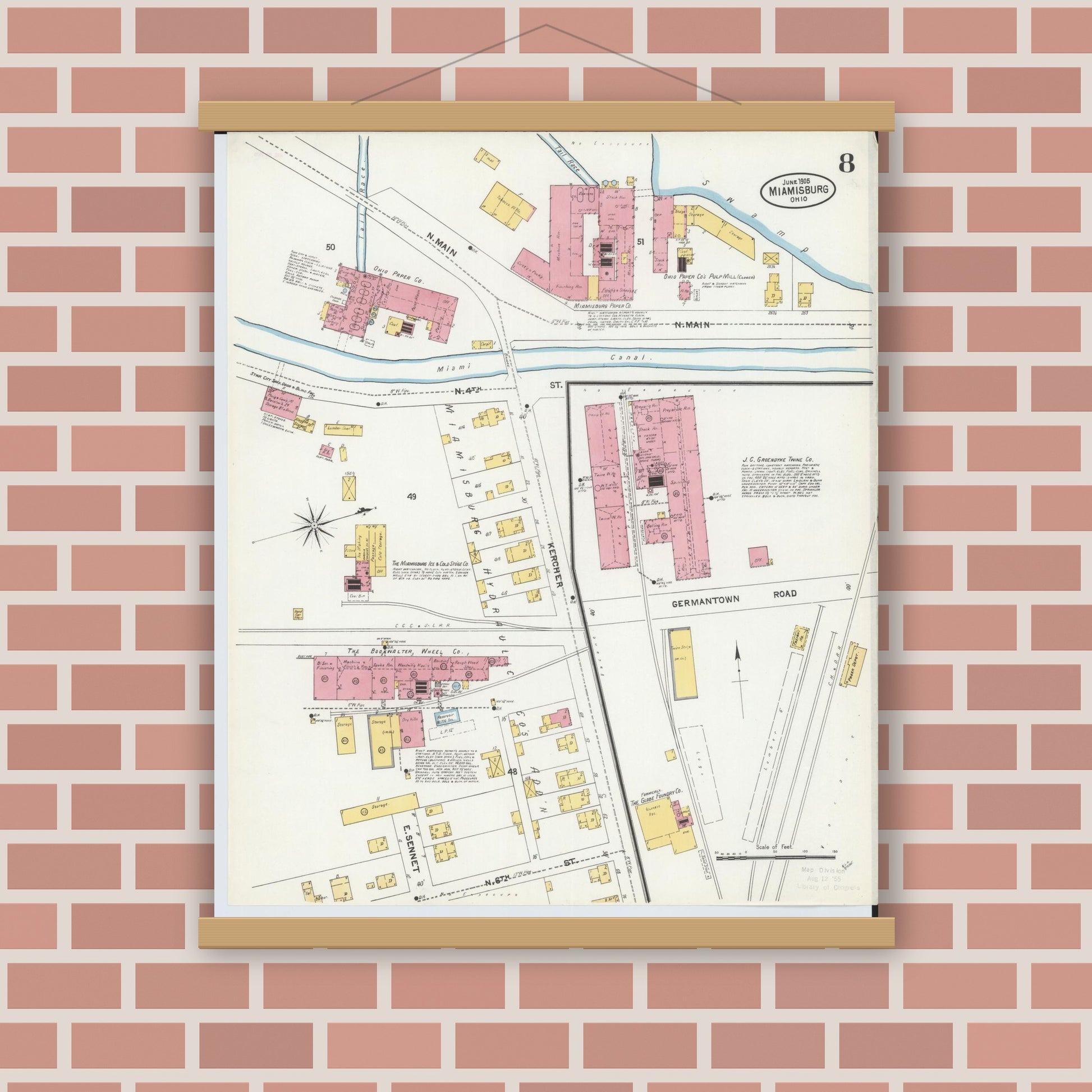 Old map wall art mockup — magnetic wood frame on brick wall — Sanborn Fire Insurance Map from Miamisburg, Montgomery County, Ohio (1905), Sheet #0008
