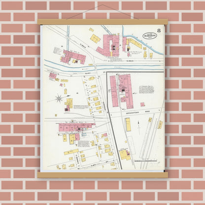 Old map wall art mockup — magnetic wood frame on brick wall — Sanborn Fire Insurance Map from Miamisburg, Montgomery County, Ohio (1905), Sheet #0008