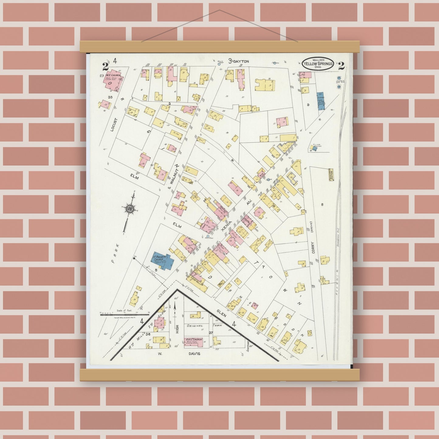 Old map wall art mockup — magnetic wood frame on brick wall — Sanborn Fire Insurance Map from Yellow Springs, Greene County, Ohio (1924), Sheet #0002