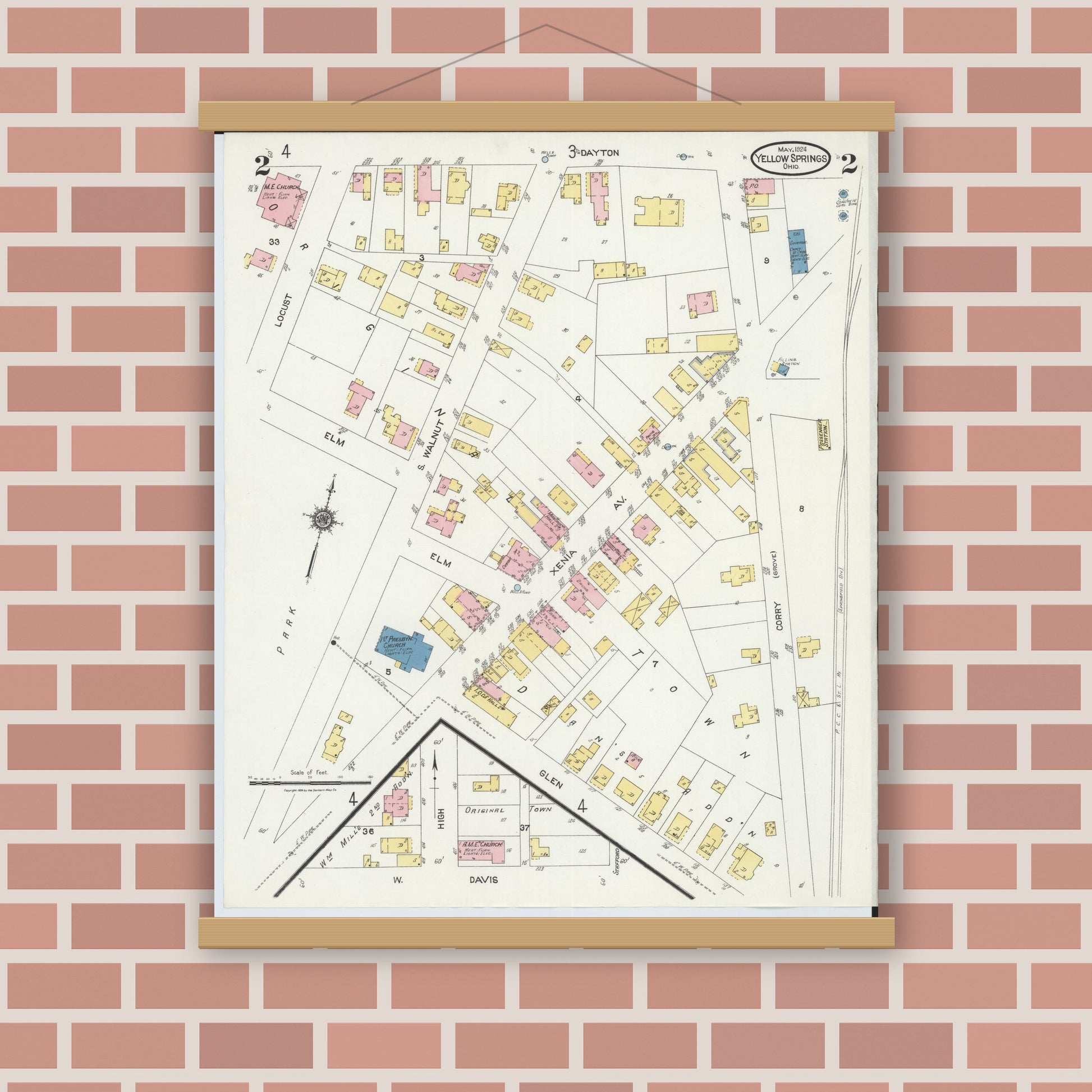Old map wall art mockup — magnetic wood frame on brick wall — Sanborn Fire Insurance Map from Yellow Springs, Greene County, Ohio (1924), Sheet #0002