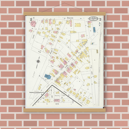Old map wall art mockup — magnetic wood frame on brick wall — Sanborn Fire Insurance Map from Yellow Springs, Greene County, Ohio (1924), Sheet #0002