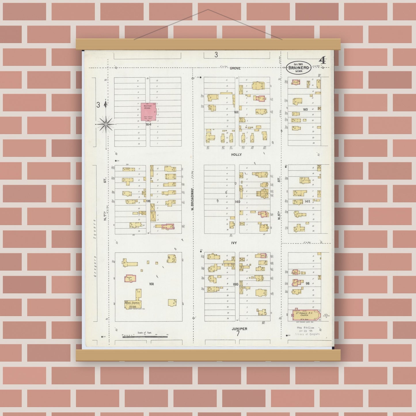 Old map wall art mockup — magnetic wood frame on brick wall — Sanborn Fire Insurance Map from Brainerd, Crow Wing County, Minnesota (1902), Sheet #0004