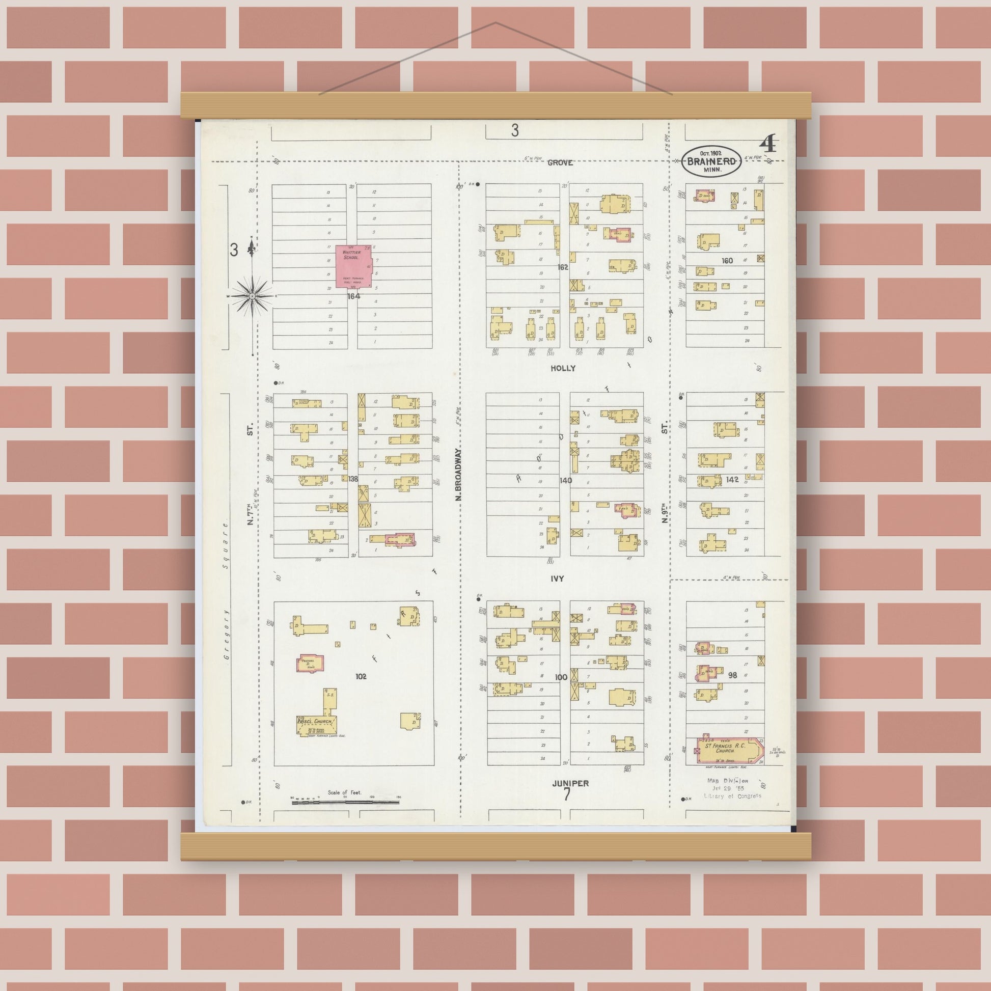 Old map wall art mockup — magnetic wood frame on brick wall — Sanborn Fire Insurance Map from Brainerd, Crow Wing County, Minnesota (1902), Sheet #0004