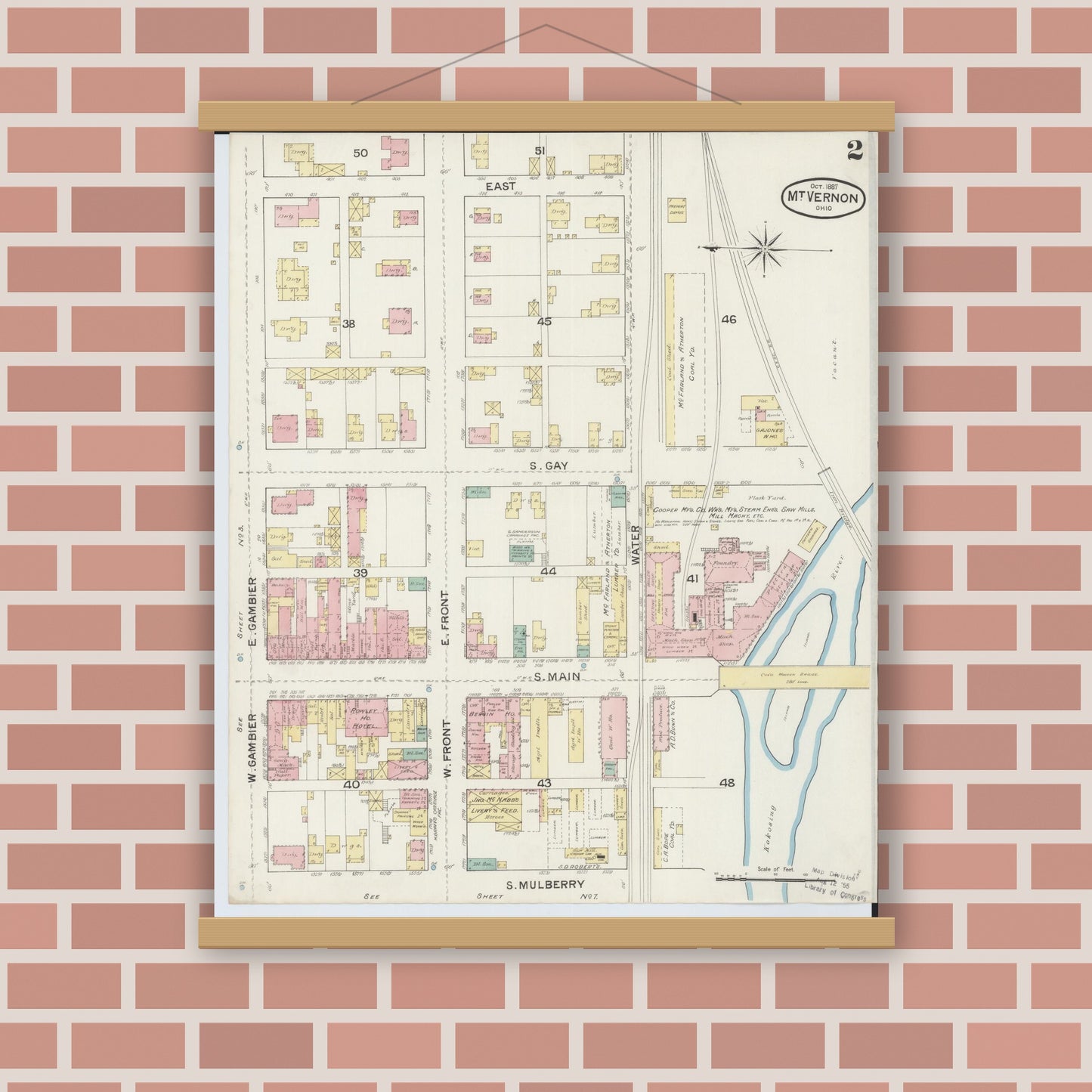 Old map wall art mockup — magnetic wood frame on brick wall — Sanborn Fire Insurance Map from Mount Vernon, Knox County, Ohio (1887), Sheet #0002