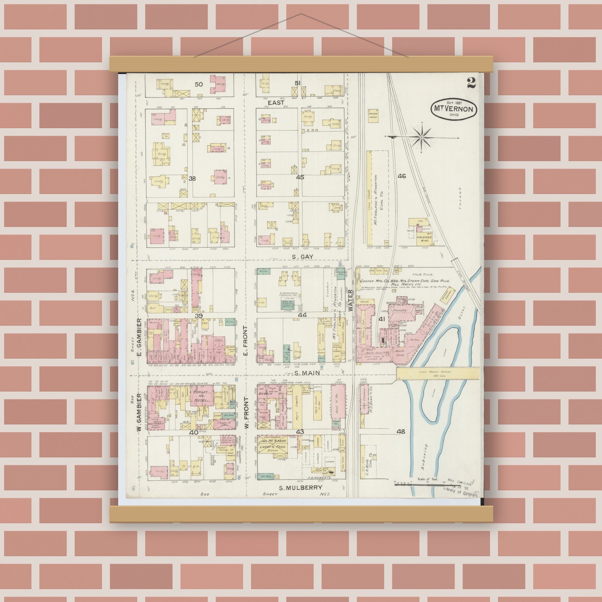 Old map wall art mockup — magnetic wood frame on brick wall — Sanborn Fire Insurance Map from Mount Vernon, Knox County, Ohio (1887), Sheet #0002