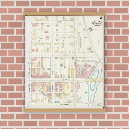 Old map wall art mockup — magnetic wood frame on brick wall — Sanborn Fire Insurance Map from Mount Vernon, Knox County, Ohio (1887), Sheet #0002