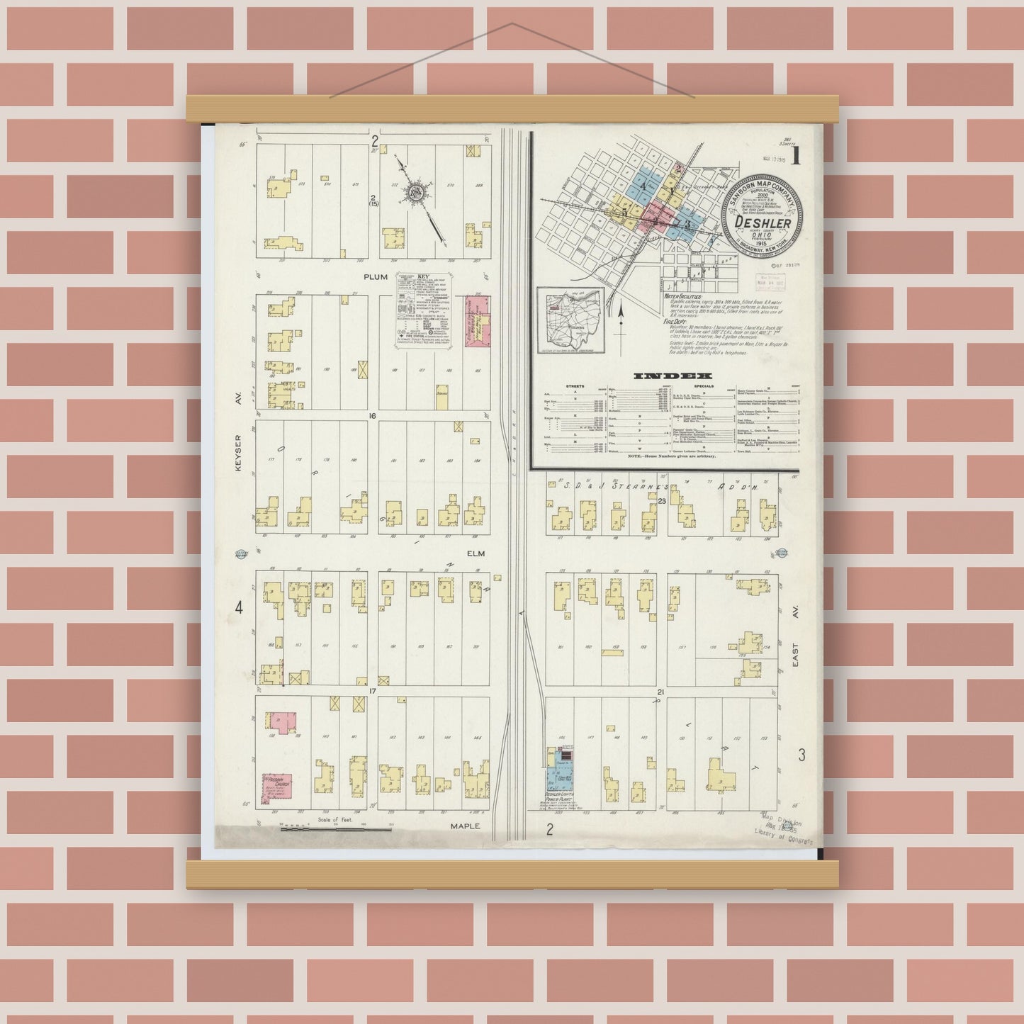 Old map wall art mockup — magnetic wood frame on brick wall — Sanborn Fire Insurance Map from Deshler, Henry County, Ohio (1915) - Complete Map Set