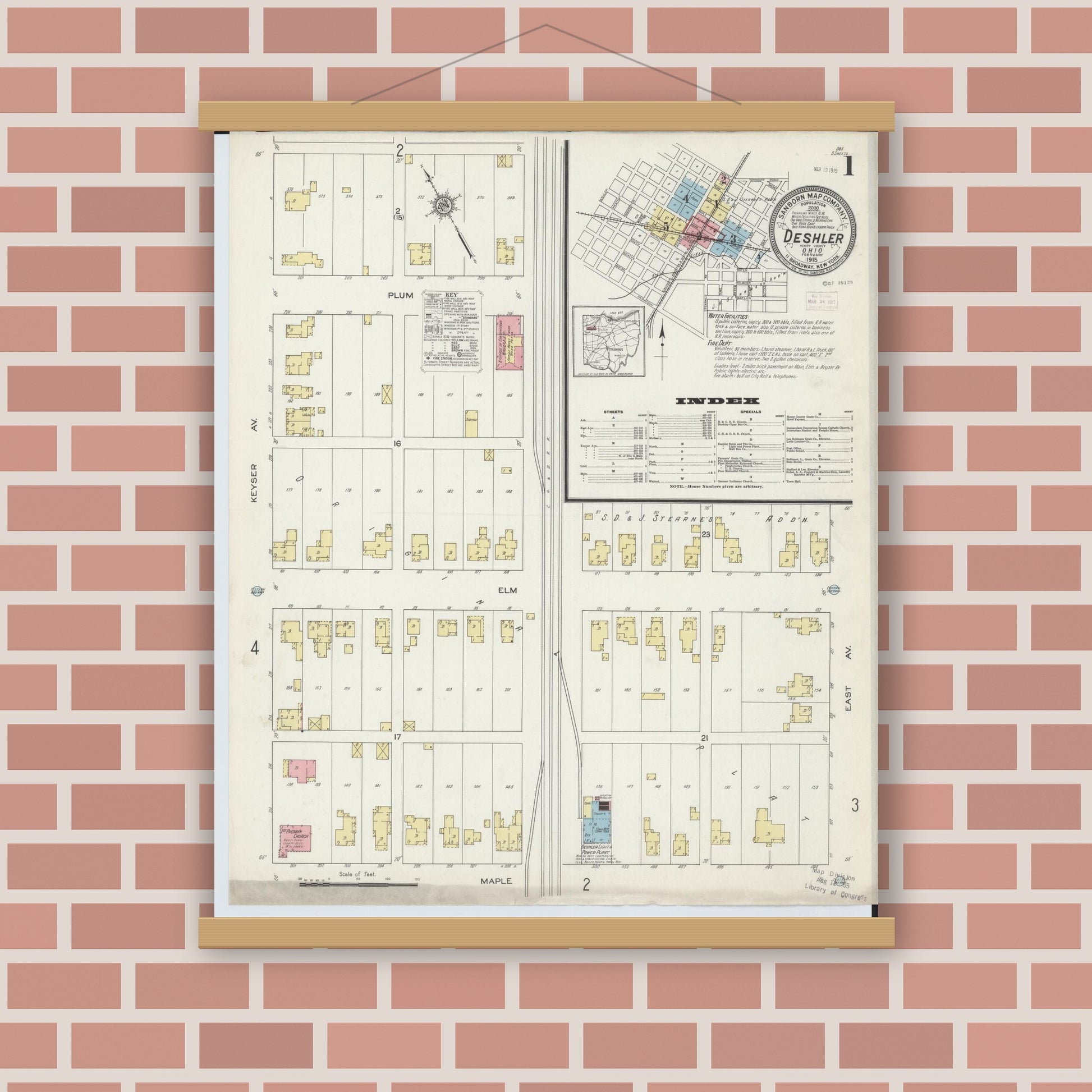 Old map wall art mockup — magnetic wood frame on brick wall — Sanborn Fire Insurance Map from Deshler, Henry County, Ohio (1915) - Complete Map Set