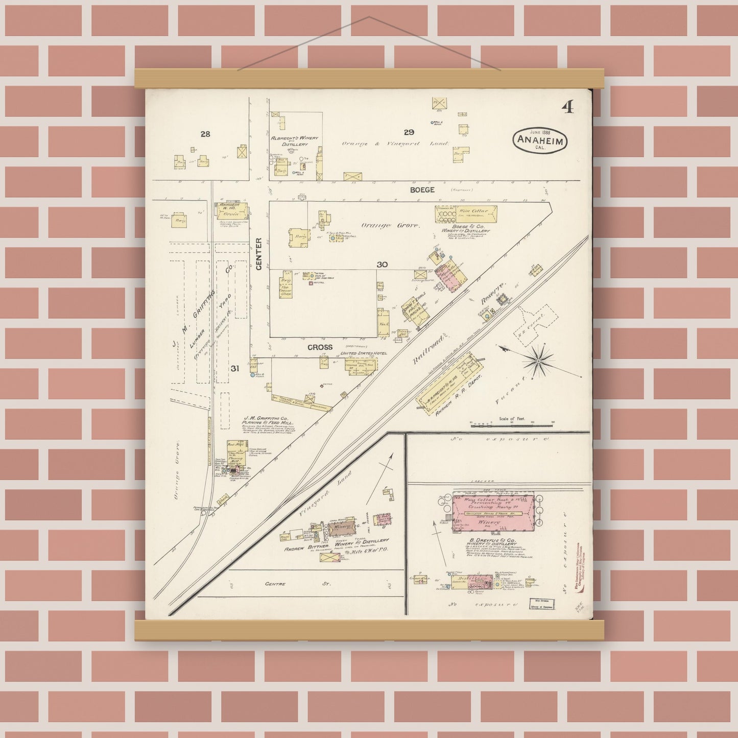 Old map wall art mockup — magnetic wood frame on brick wall — Sanborn Fire Insurance Map from Anaheim, Orange County, California (1888), Sheet #0004