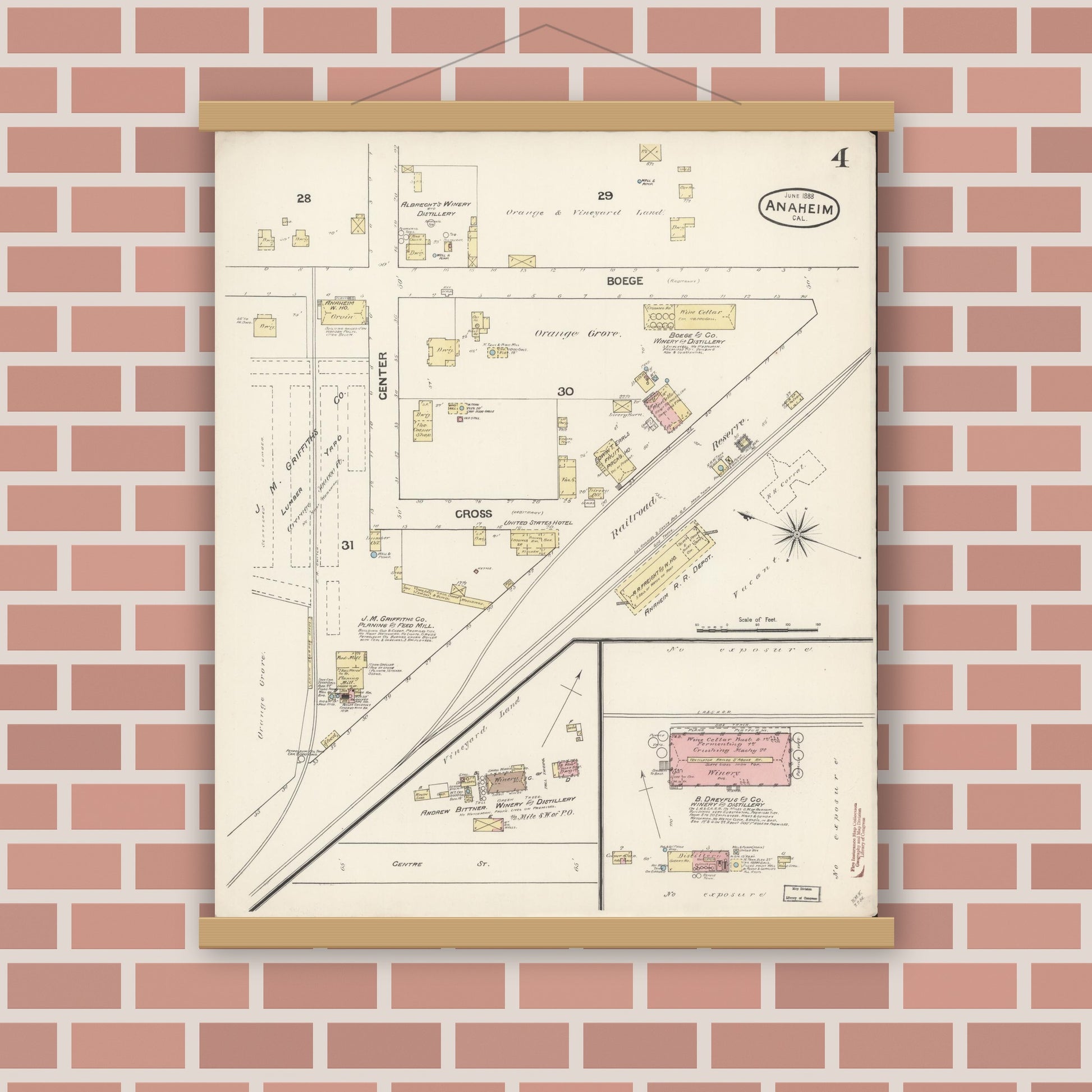 Old map wall art mockup — magnetic wood frame on brick wall — Sanborn Fire Insurance Map from Anaheim, Orange County, California (1888), Sheet #0004