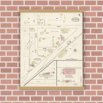 Old map wall art mockup — magnetic wood frame on brick wall — Sanborn Fire Insurance Map from Anaheim, Orange County, California (1888), Sheet #0004