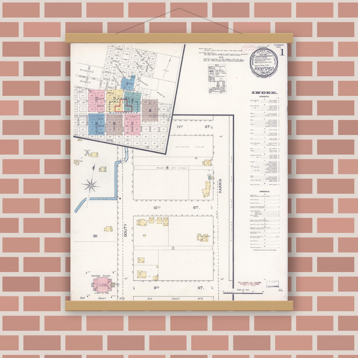 Old map wall art mockup — magnetic wood frame on brick wall — Sanborn Fire Insurance Map from Hanford, Kings County, California (1892) - Complete Map Set