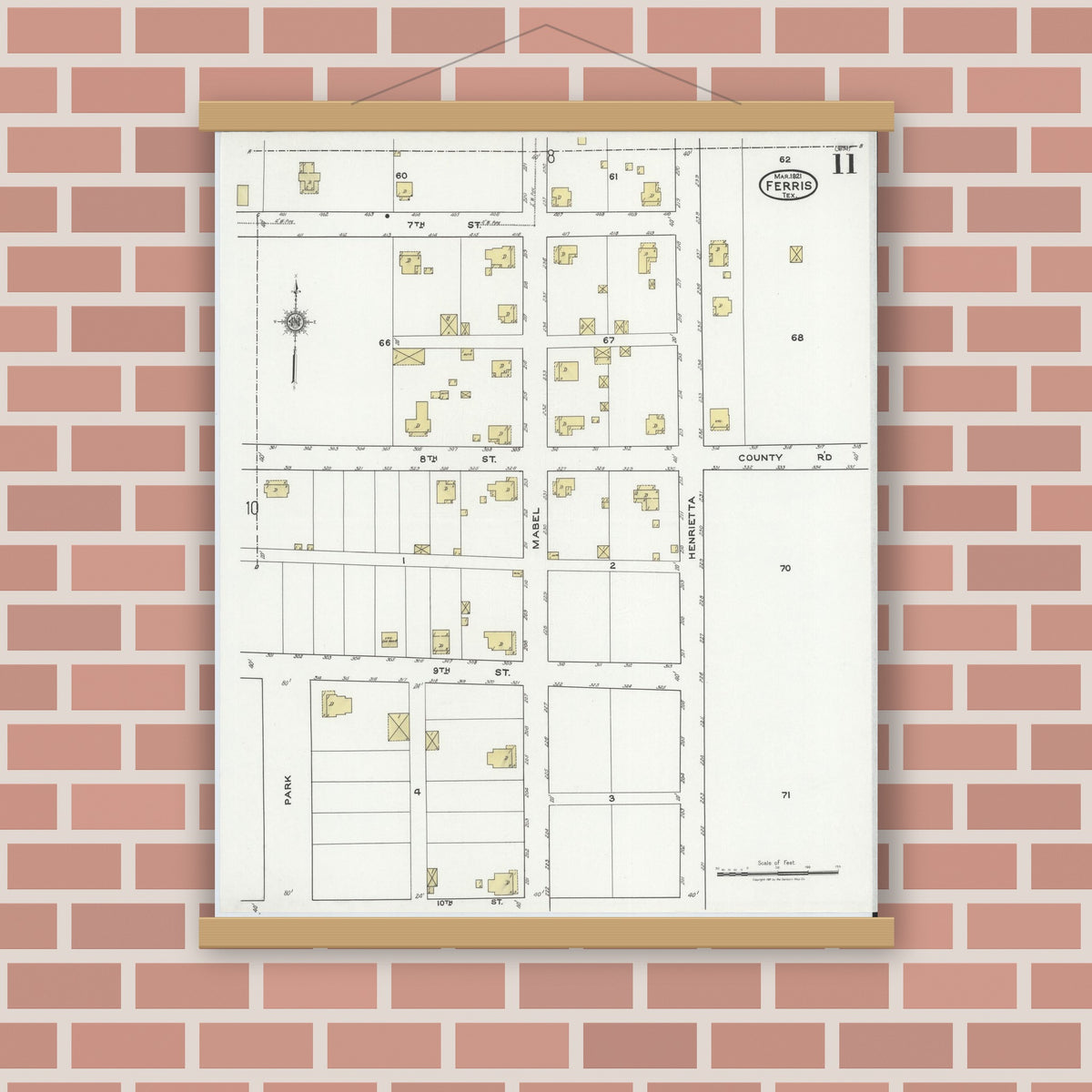 Old map wall art mockup — magnetic wood frame on brick wall — Sanborn Fire Insurance Map from Ferris, Ellis County, Texas (1921), Sheet #0011