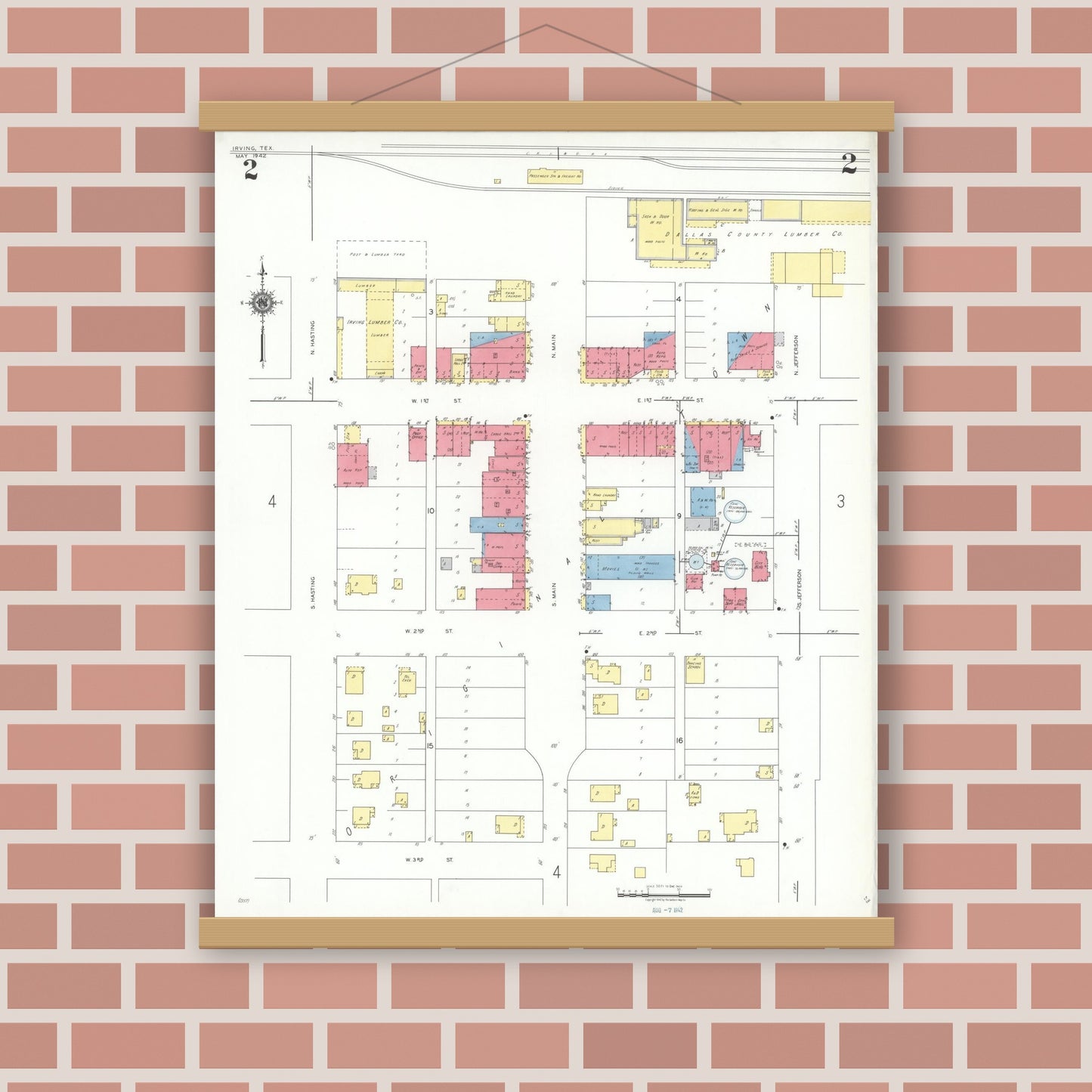 Old map wall art mockup — magnetic wood frame on brick wall — Sanborn Fire Insurance Map from Irving, Dallas County, Texas (1942), Sheet #0002