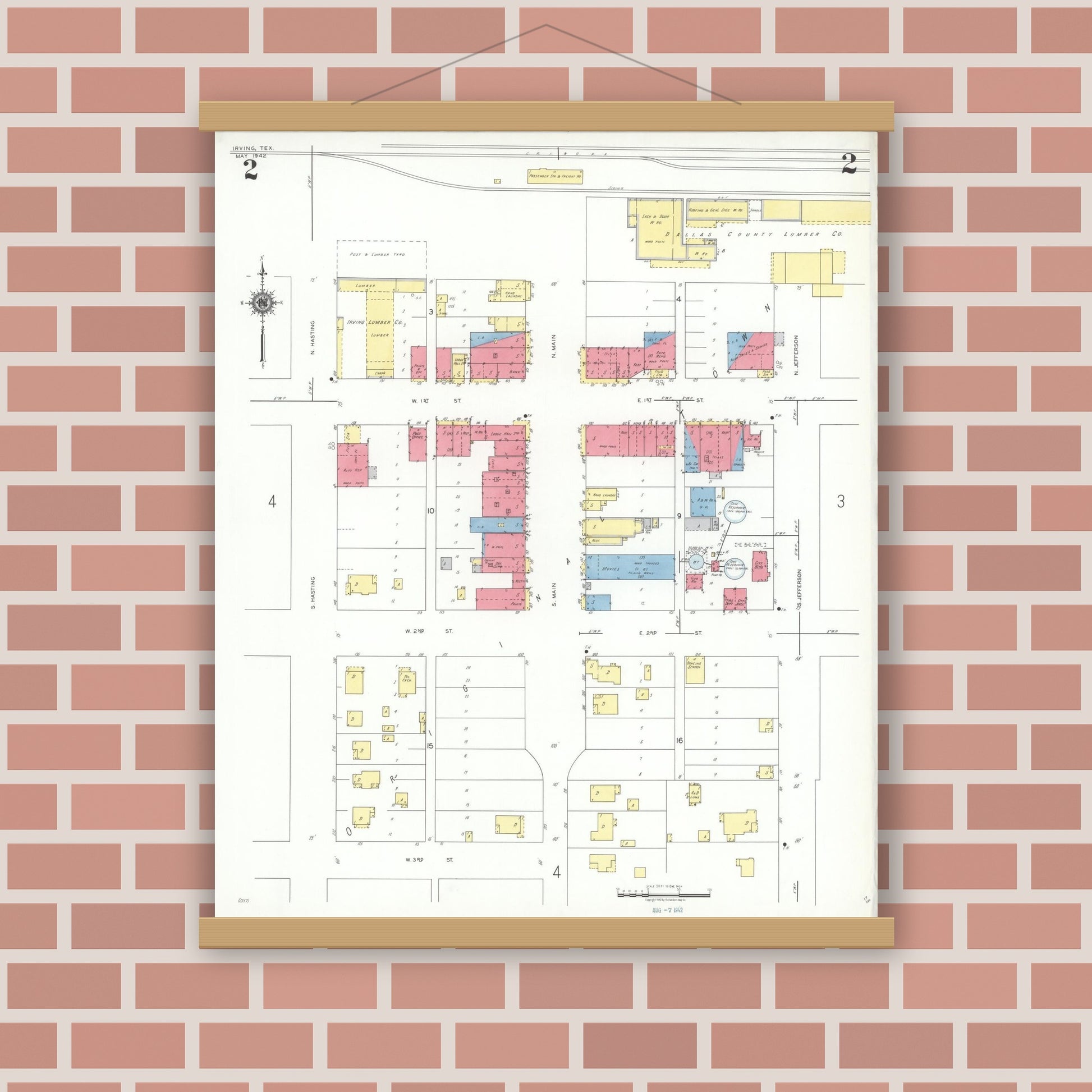 Old map wall art mockup — magnetic wood frame on brick wall — Sanborn Fire Insurance Map from Irving, Dallas County, Texas (1942), Sheet #0002