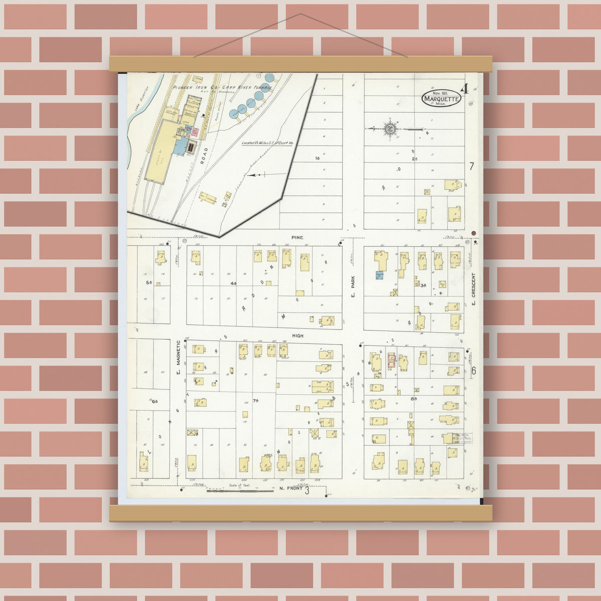 Old map wall art mockup — magnetic wood frame on brick wall — Sanborn Fire Insurance Map from Marquette, Marquette County, Michigan (1911), Sheet #0004