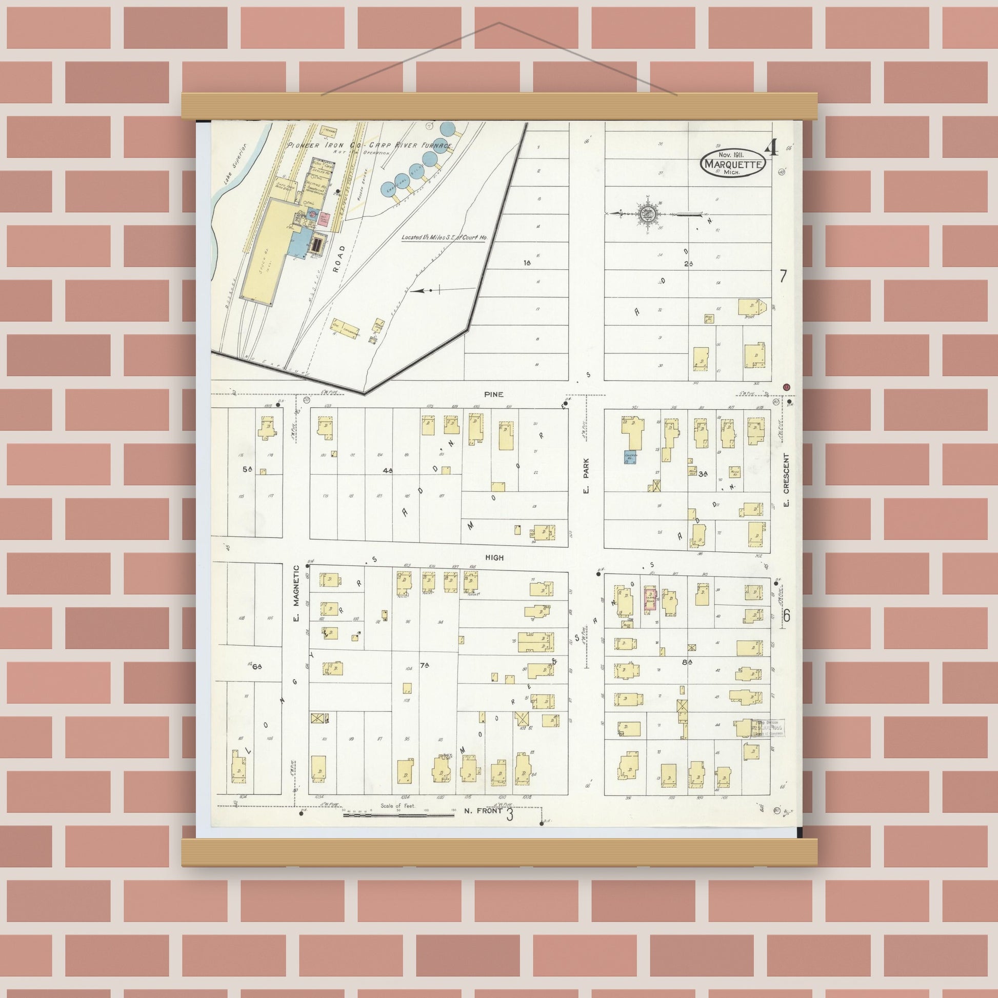 Old map wall art mockup — magnetic wood frame on brick wall — Sanborn Fire Insurance Map from Marquette, Marquette County, Michigan (1911), Sheet #0004