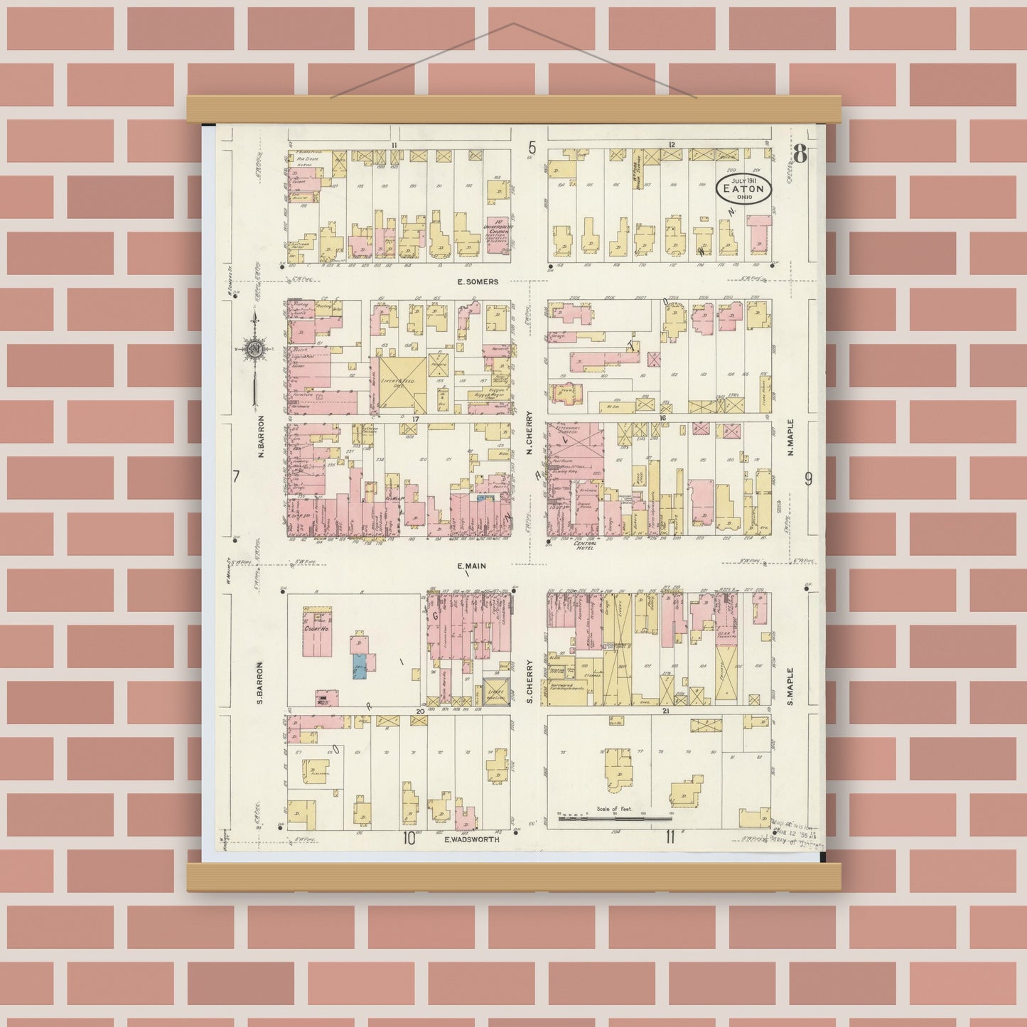 Old map wall art mockup — magnetic wood frame on brick wall — Sanborn Fire Insurance Map from Eaton, Preble County, Ohio (1911), Sheet #0008