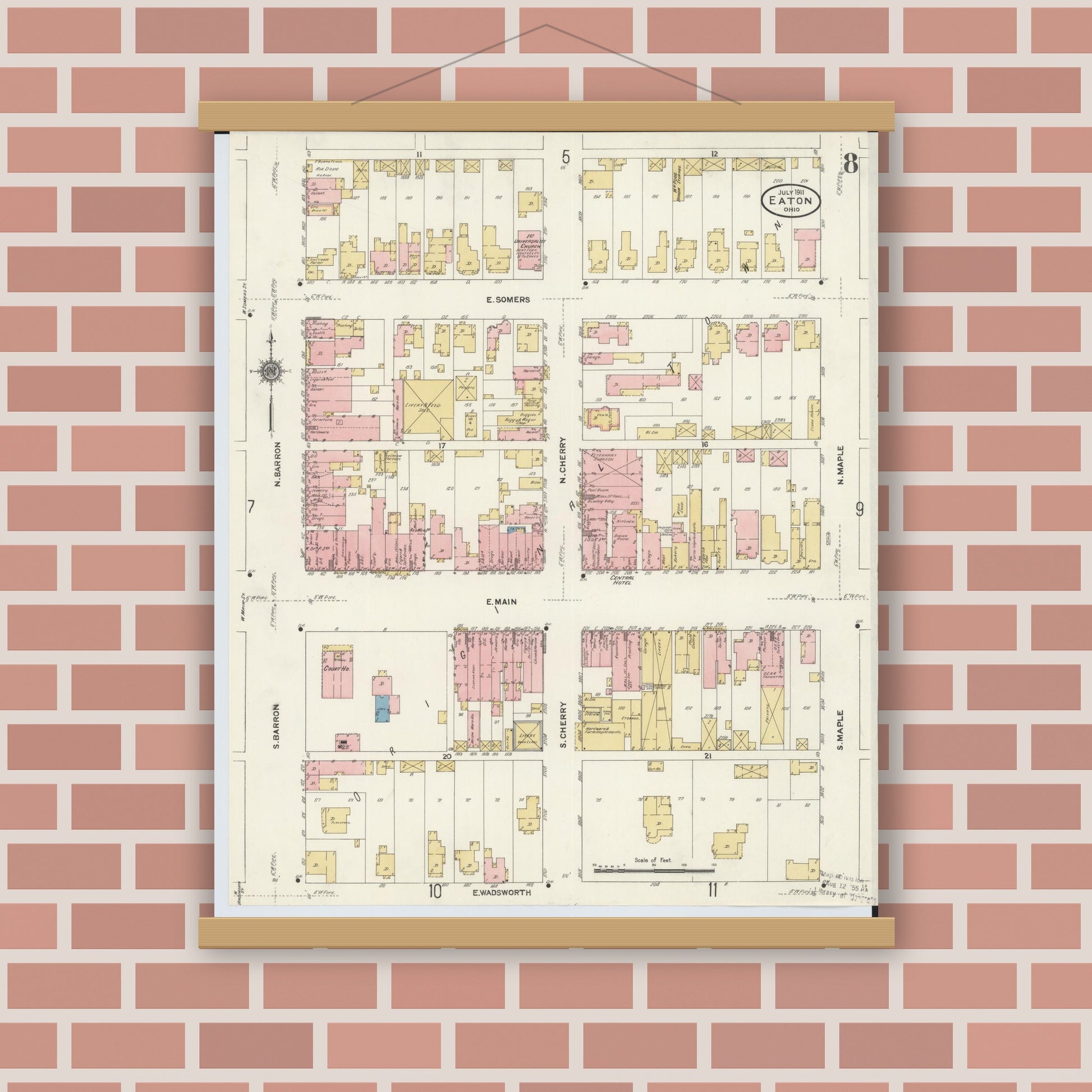 Old map wall art mockup — magnetic wood frame on brick wall — Sanborn Fire Insurance Map from Eaton, Preble County, Ohio (1911), Sheet #0008