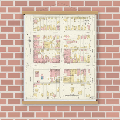 Old map wall art mockup — magnetic wood frame on brick wall — Sanborn Fire Insurance Map from Eaton, Preble County, Ohio (1911), Sheet #0008