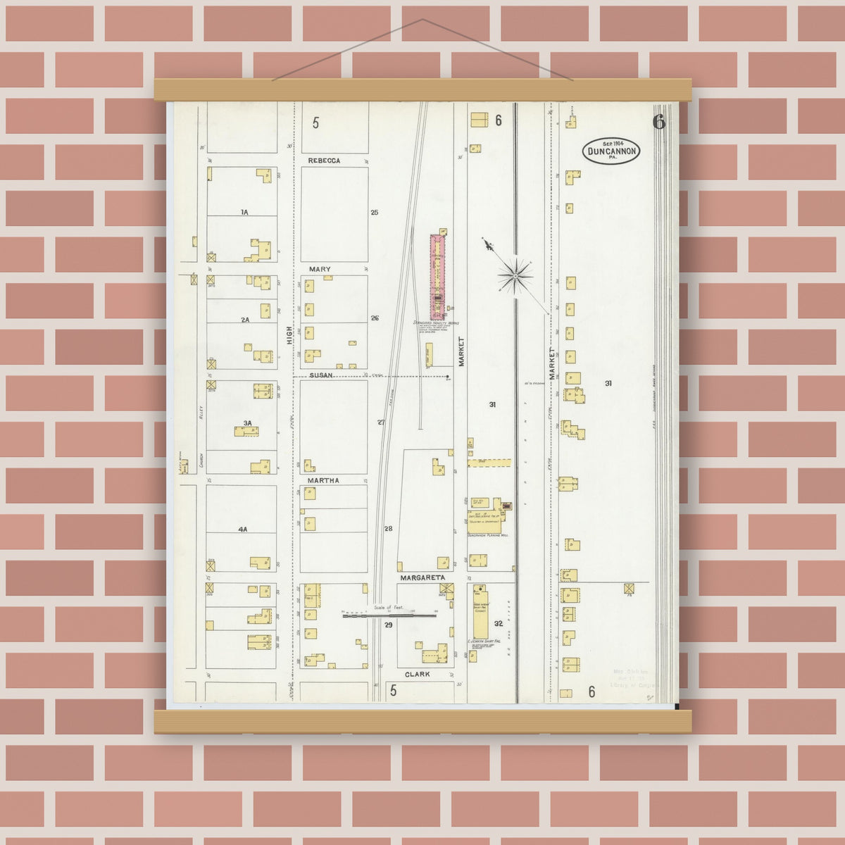 Old map wall art mockup — magnetic wood frame on brick wall — Sanborn Fire Insurance Map from Duncannon, Perry County, Pennsylvania (1904), Sheet #0006