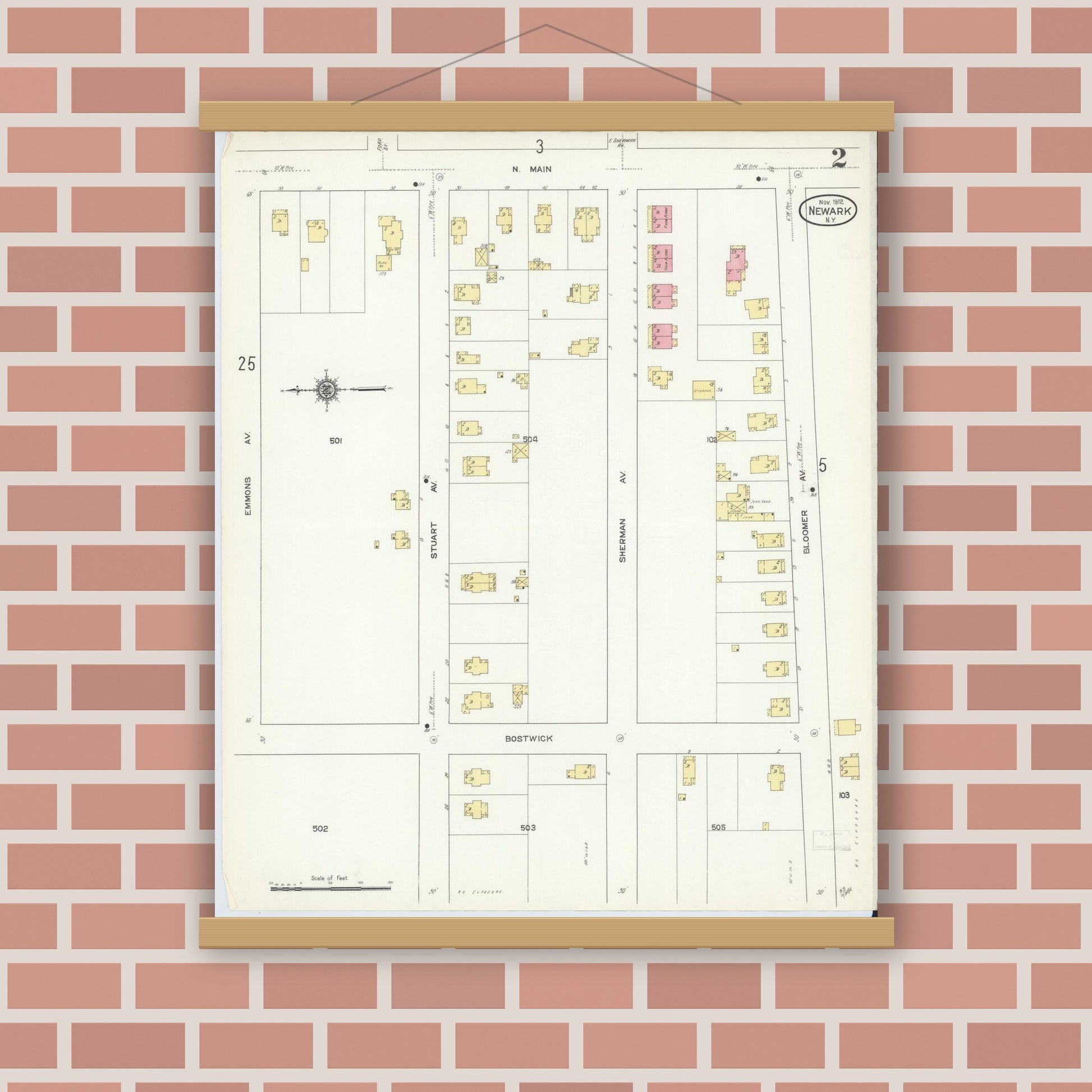 Old map wall art mockup — magnetic wood frame on brick wall — Sanborn Fire Insurance Map from Newark, Wayne County, New York (1912) - Complete Map Set