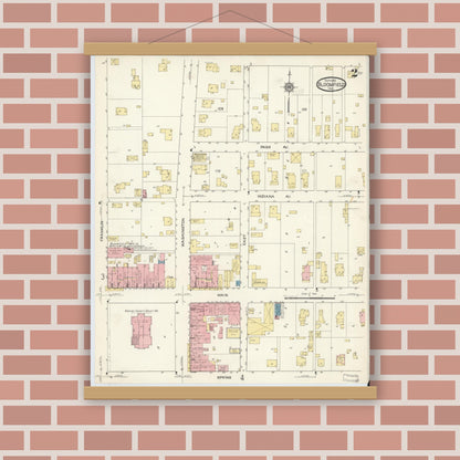 Old map wall art mockup — magnetic wood frame on brick wall — Sanborn Fire Insurance Map from Bloomfield, Greene County, Indiana (1913), Sheet #0002