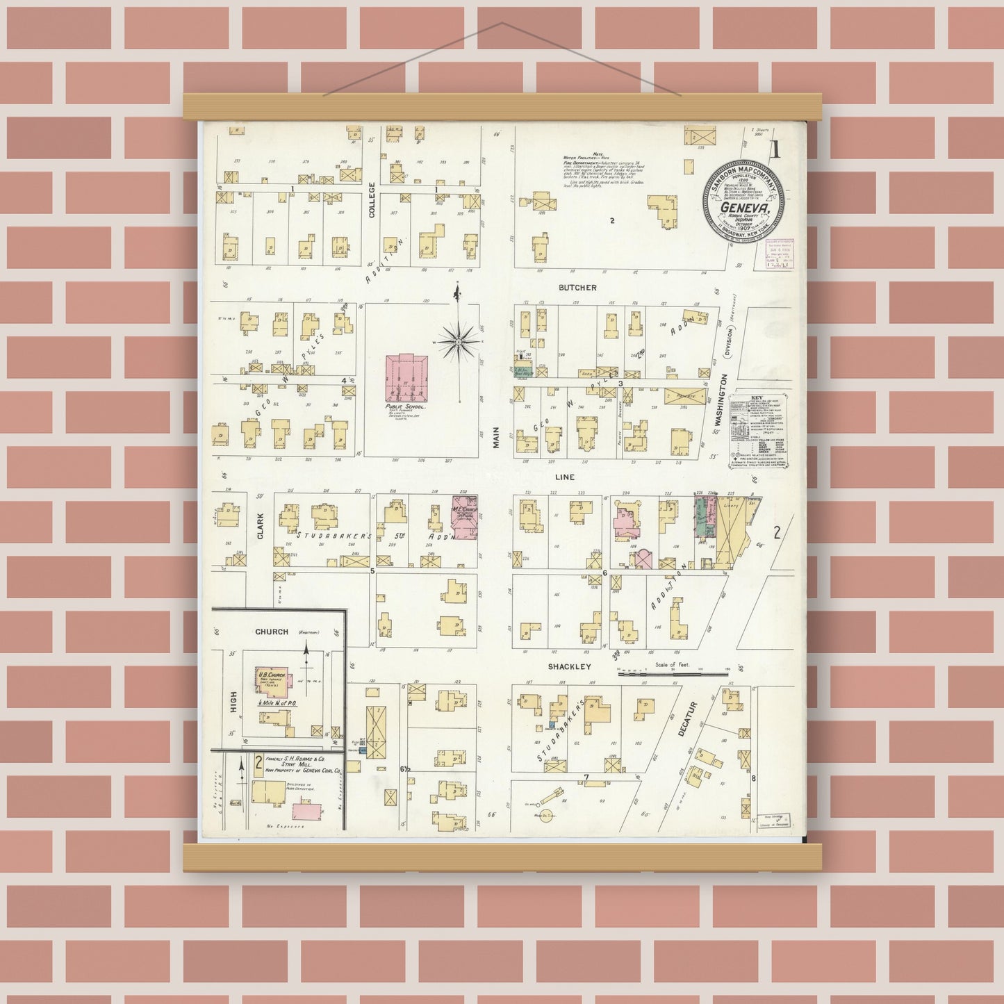 Old map wall art mockup — magnetic wood frame on brick wall — Sanborn Fire Insurance Map from Geneva, Adams County, Indiana (1907) - Complete Map Set