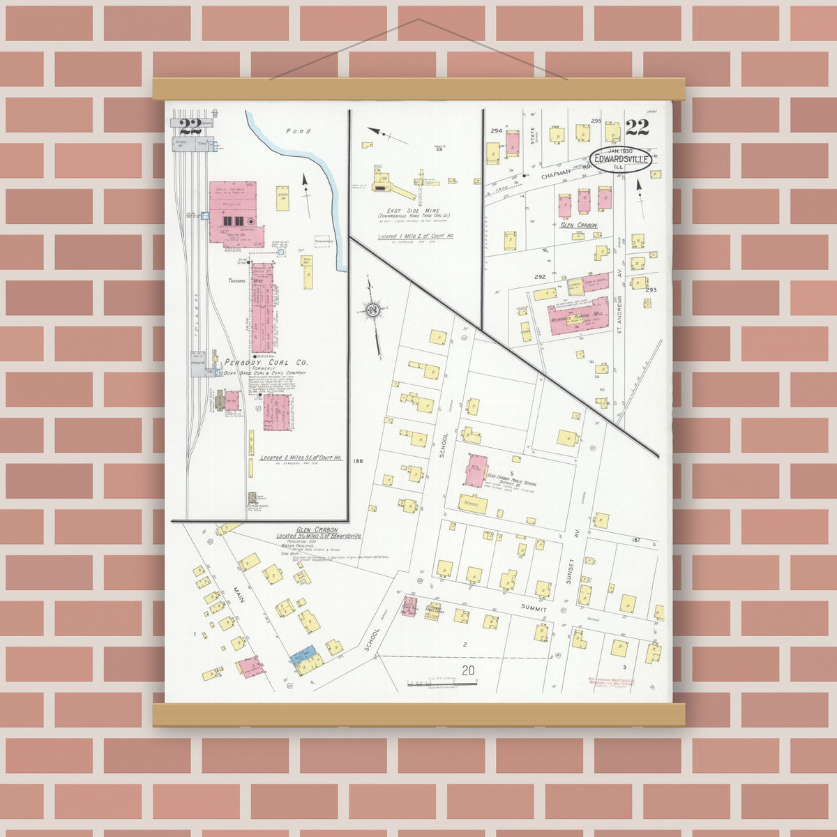Old map wall art mockup — magnetic wood frame on brick wall — Sanborn Fire Insurance Map from Edwardsville, Madison County, Illinois (1930), Sheet #0022